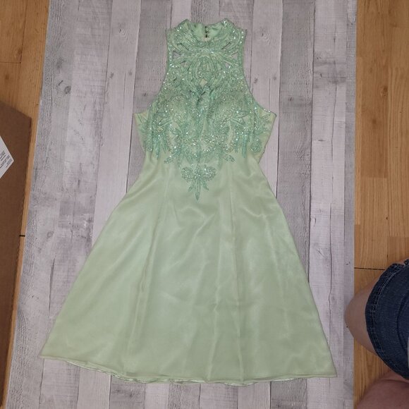 Mint Green Sleeveless Beaded Lace Dress With Halter Neck & Open Back Design - Picture 3 of 16